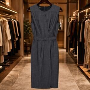 Lafayette 148 New York Gray Wool Blend Belted Wrap Sheath Midi Dress 12 Business